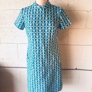 Hand sewn turquoise print 60s mod dress sz M